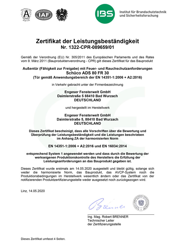 Zertifikat gem. EU-Verordnung 305/2011